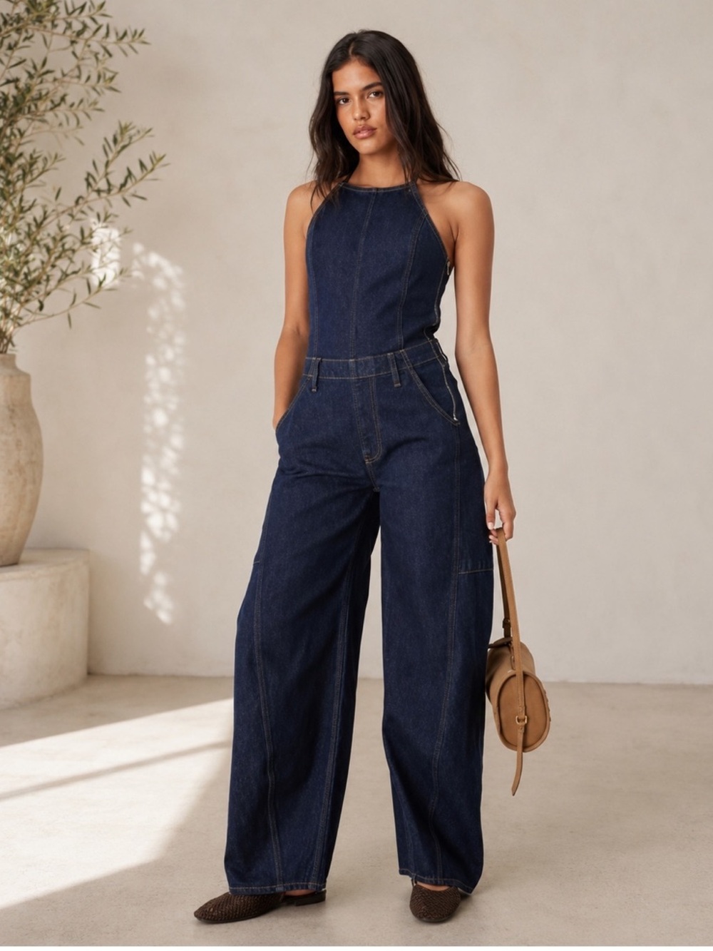 Abercrombie & Fitch Dark Indigo Denim barrel Halter jumpsuit Overalls stylish M